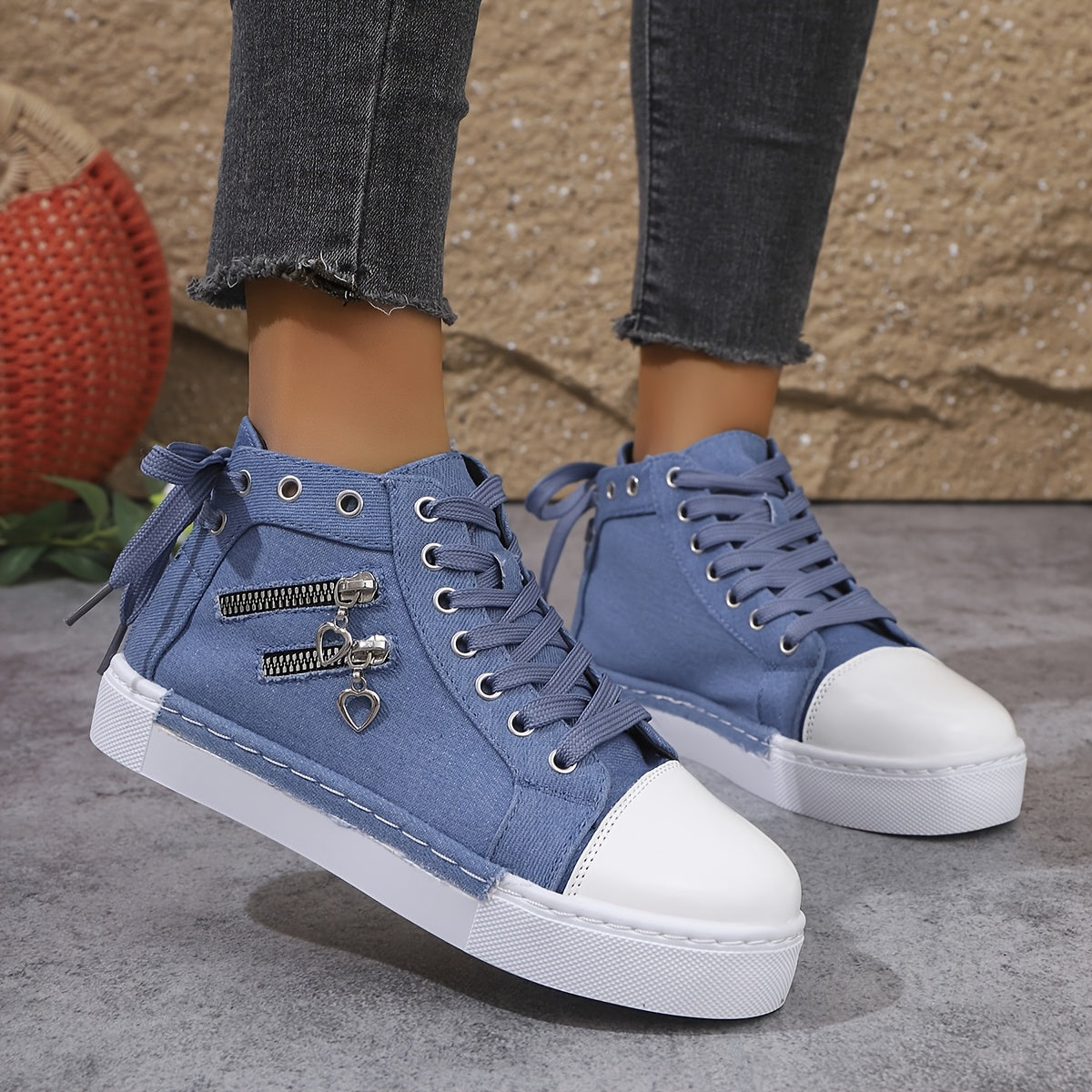 Youth Women Canvas Sneakers with Double Zippers and Laces for Outdoor Activities