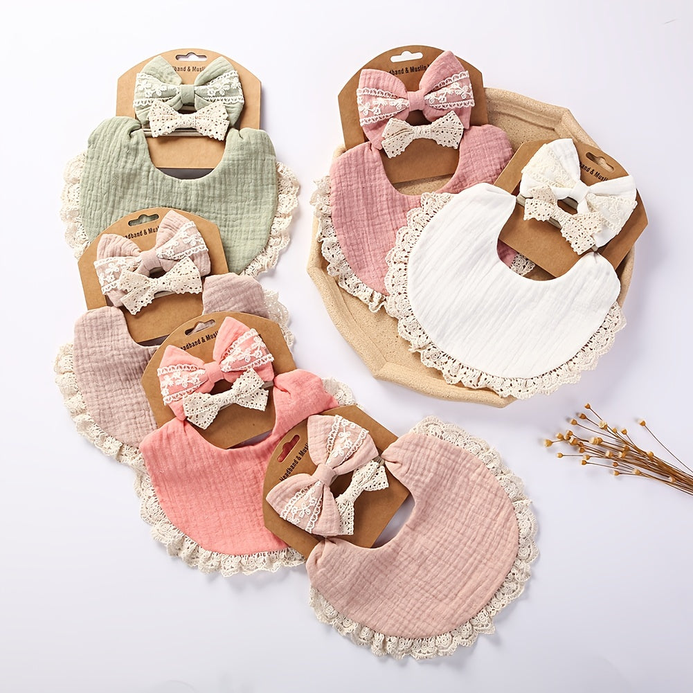Baby Headbands and Bibs Set of Two with Stain-Resistant Baby Bib and Lace Bow Headband