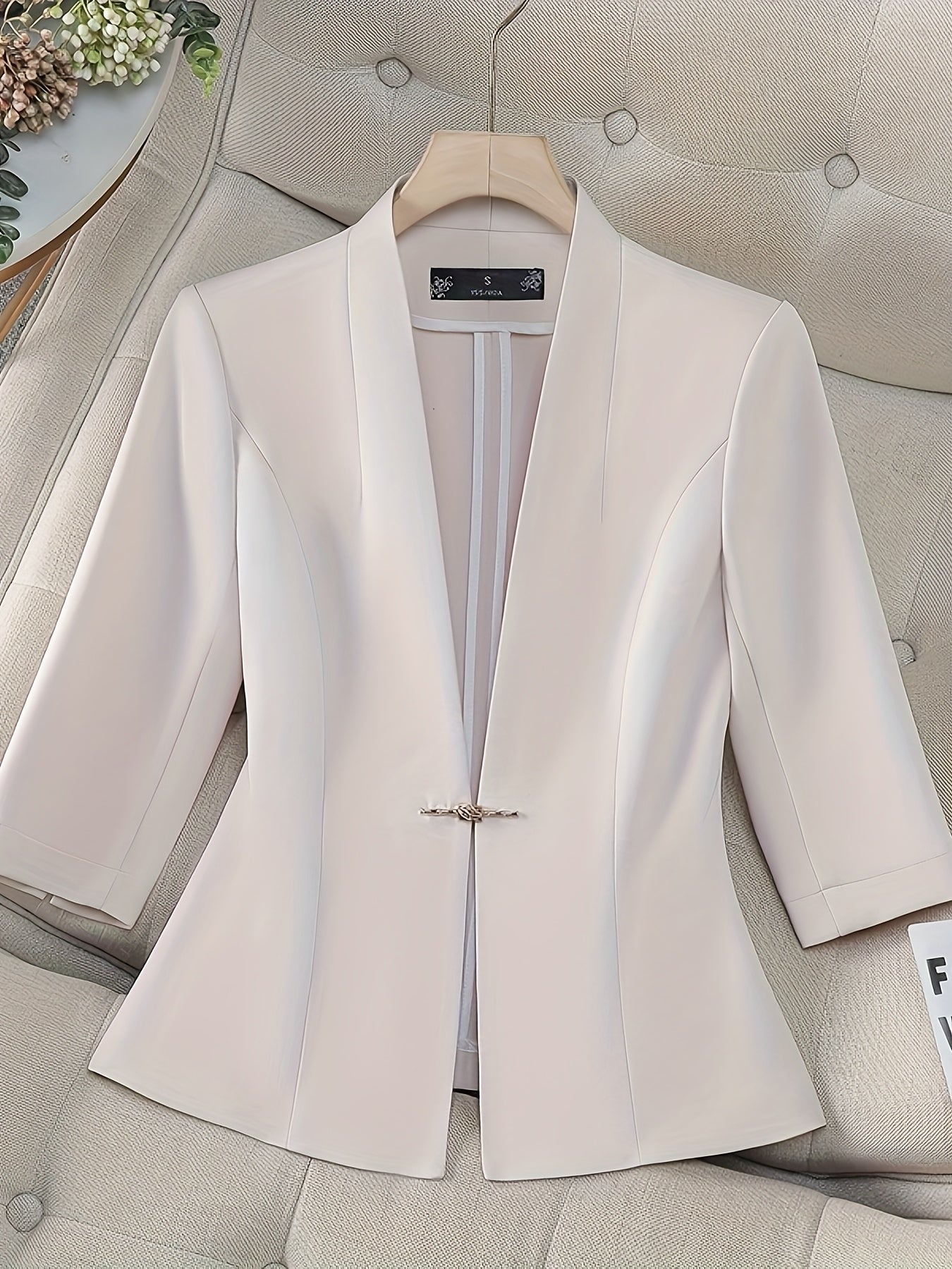 Women's Pink Satin Blazer Lightweight Three-Quarter Sleeve Office Casual