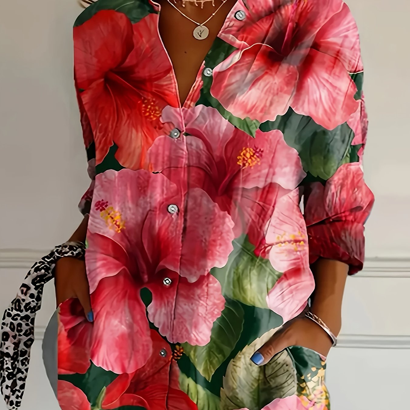 Plus Size Floral Print Casual Blouse Polyester Lapel Button-Up Top