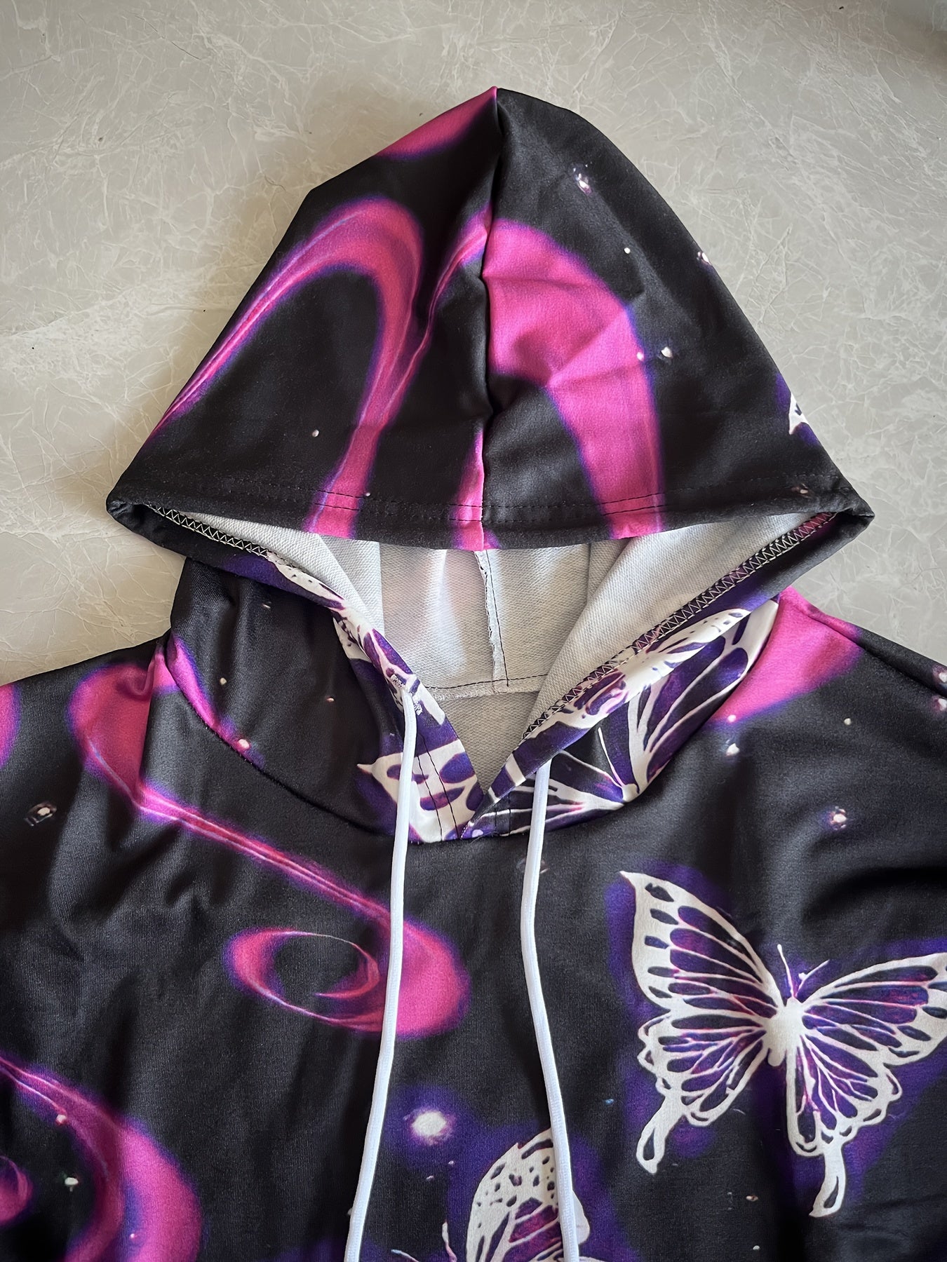 Толстовка с принтом бабочки для полных женщин, с длинными рукавами и капюшоном, на шнурке