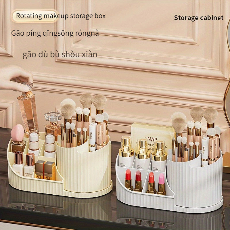 360° Rotating Makeup Organizer Plastic Compact Storage for Brushes Lipsticks Skincare Stationery White Pink Cream
