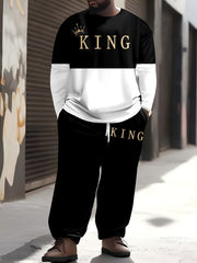Men's Plus Size Cartoon King Print Sports Casual Sweatsuit Set Polyester Knit with Pockets