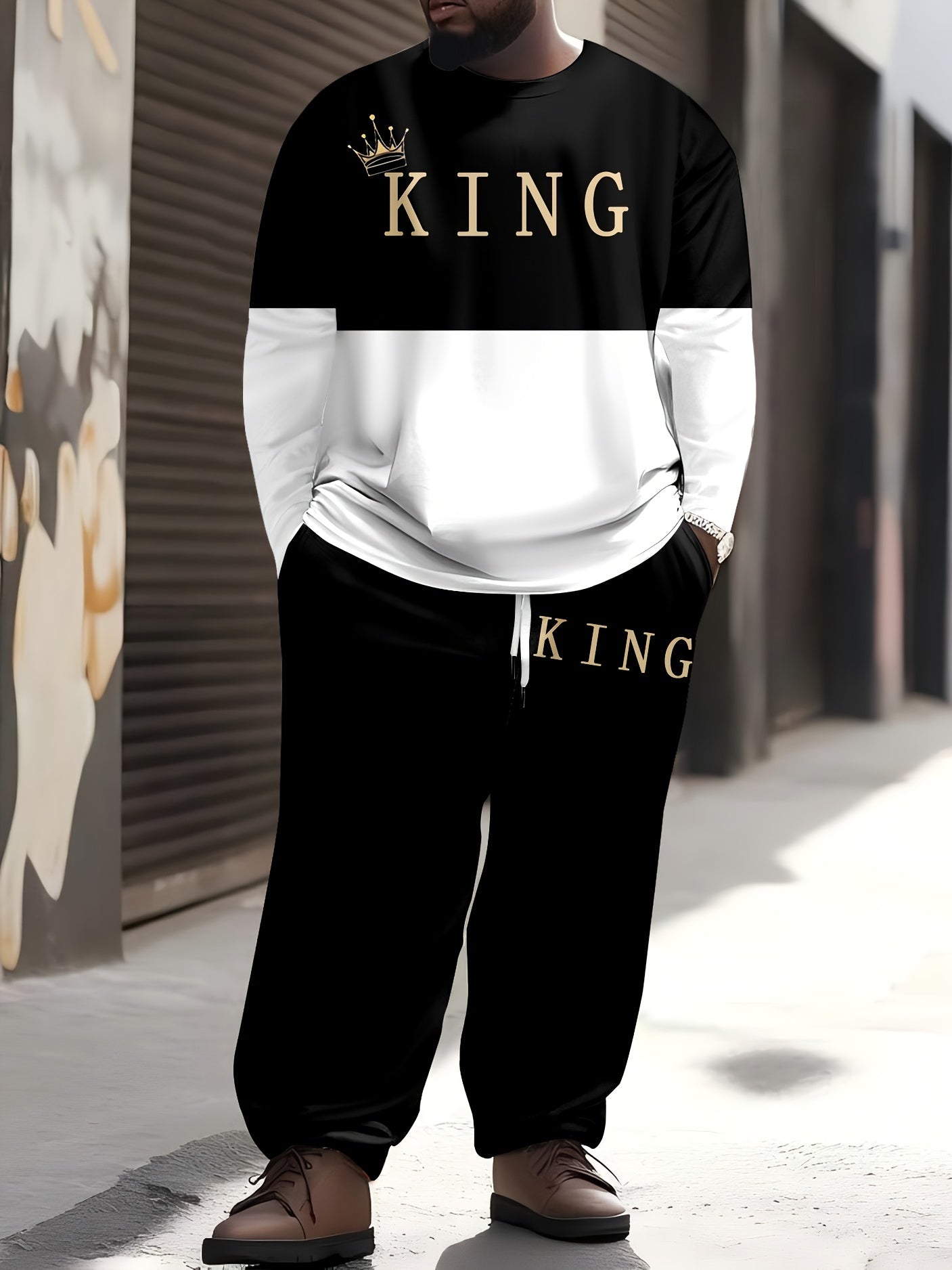 Men's Plus Size Cartoon King Print Sports Casual Sweatsuit Set Polyester Knit with Pockets