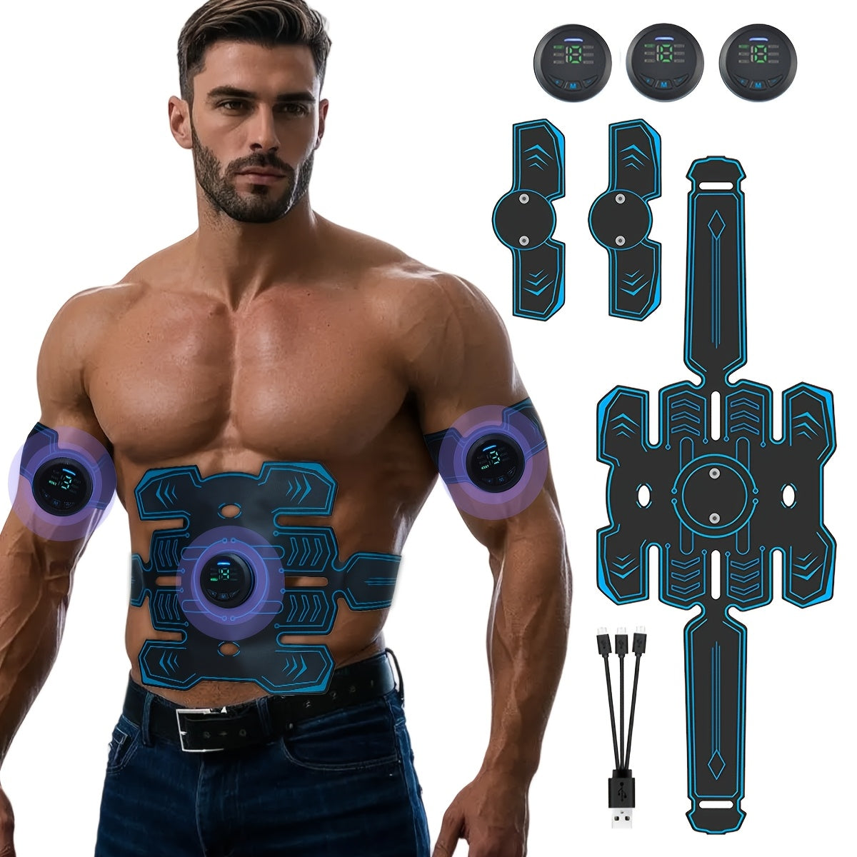 EMS Sport Massaj Kəməri Uch Qismli To'plami TENS mushak massajchisi, 6 rejim, 18 intensivlik. Bir vaqtning o'zida qorin/oyoqlar/qo'llar uchun mashq qilishda foydalanish mumkin. Ofisda, sayohatda va