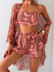 Women's Printed Sun Protection Bikini Set with Long-Sleeved Top and Shorts
