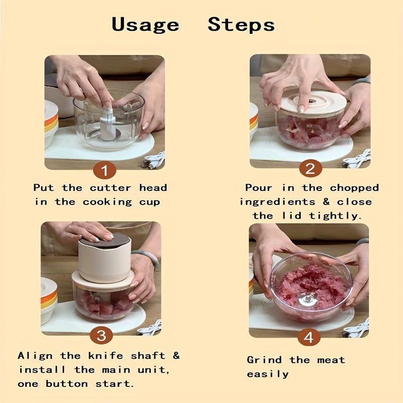 Picadora de carne recargable portátil con USB, 600ml, 1000 RPM