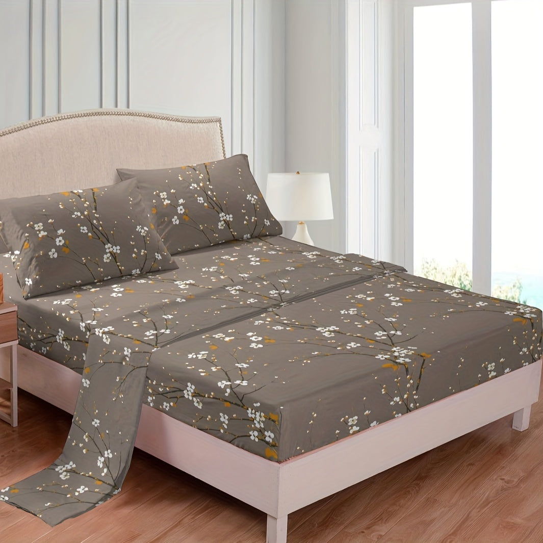 Set of Four Flower Print Fitted Sheets with Pillowcases Breathable Soft Cotton