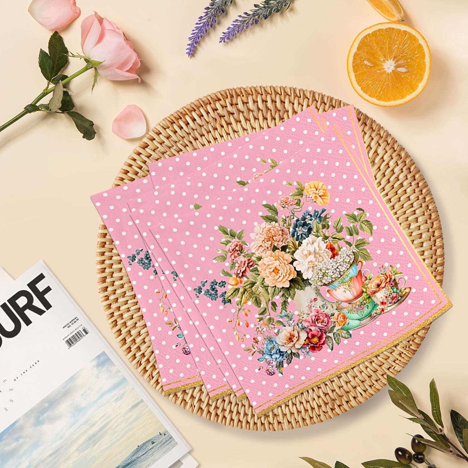 Vintage Floral Paper Napkins Set of 20 Pink Polka Dot Border 2-Ply for Parties Weddings