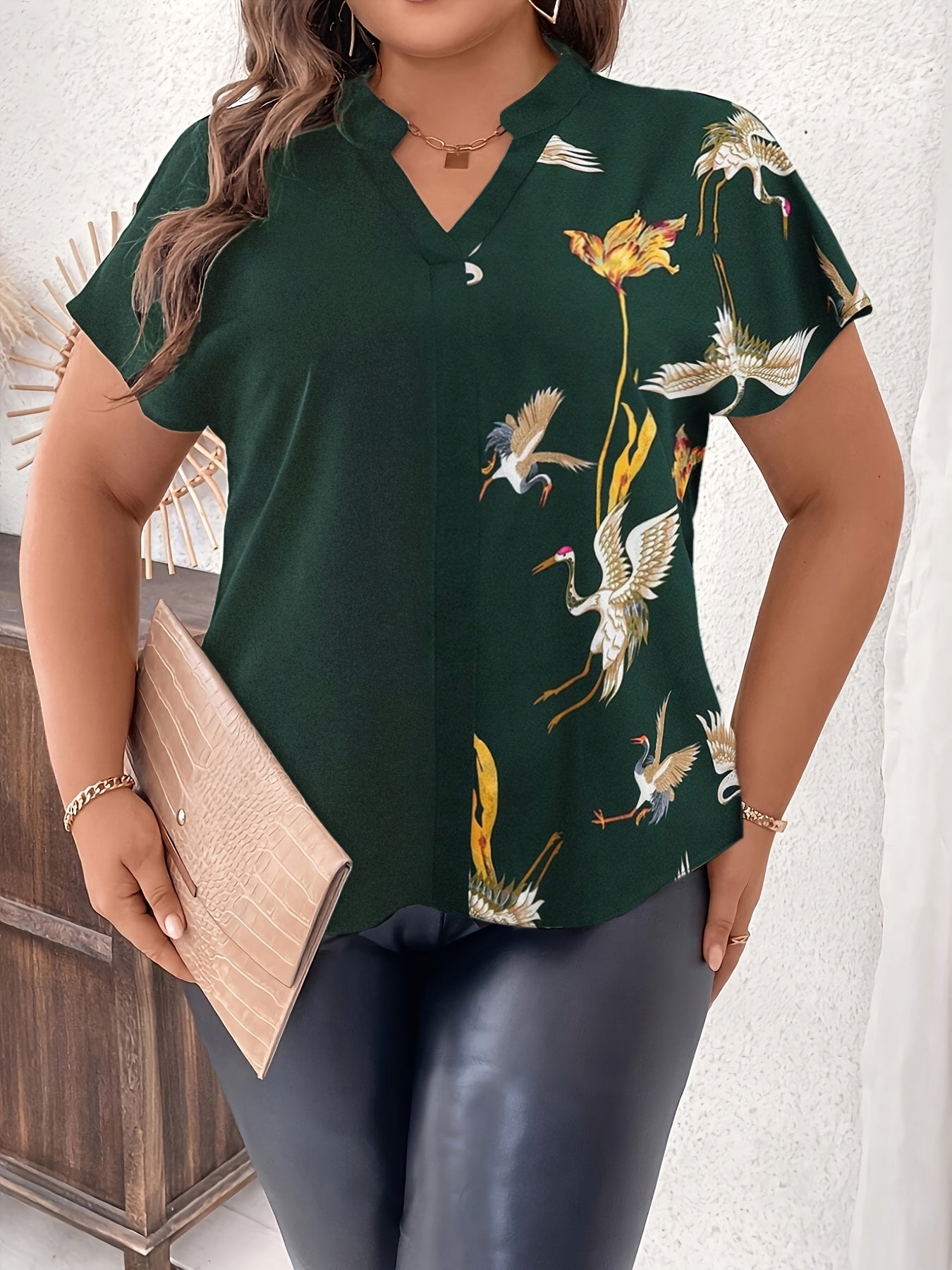 Women's Plus Size V-Neck Short Sleeve Blouse Polyester Animal Print Casual Shirt