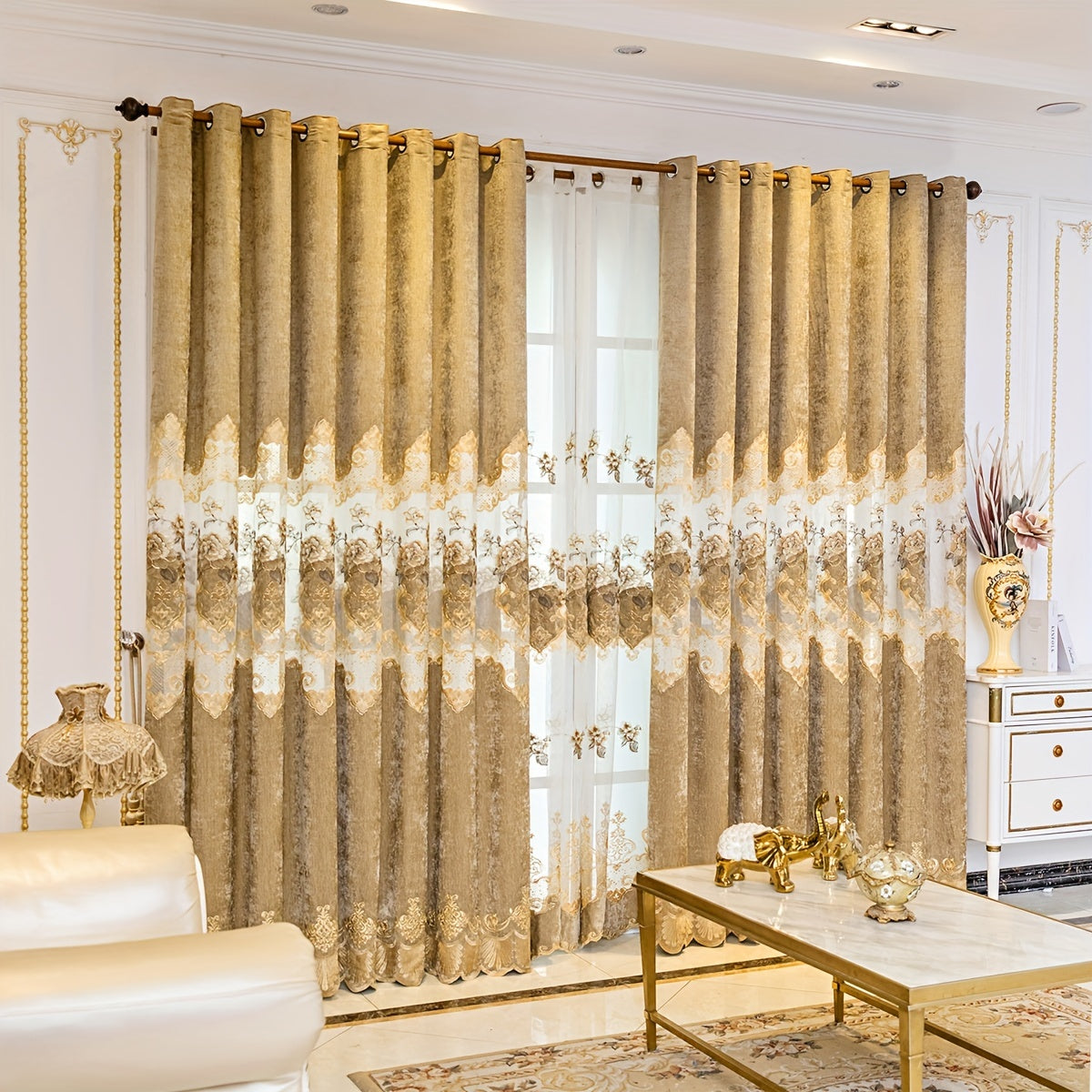 European-Style Thick Embroidered Curtains with Chenille Floral Designs and Translucent Yarn Finish for Living Room and Bedroom