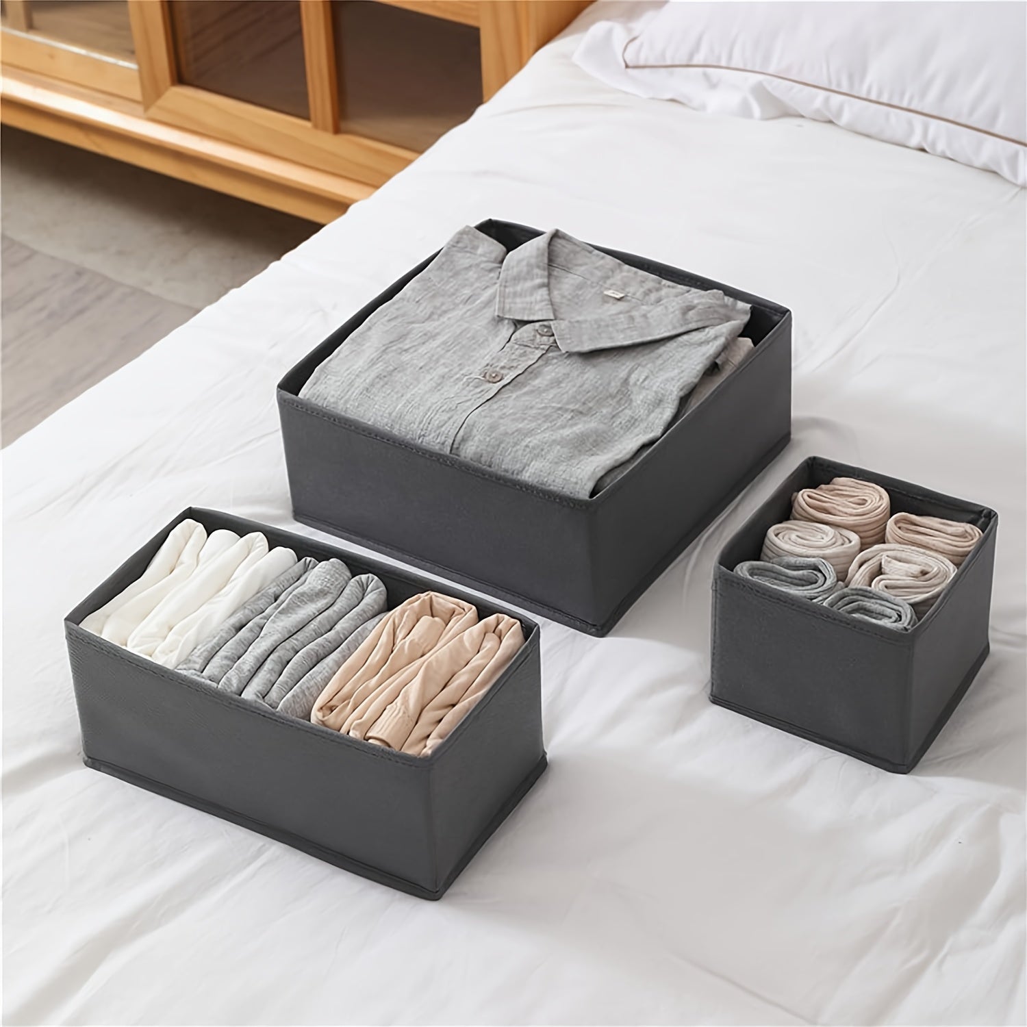 Set of 3 Canvas Drawer Organizers for Socks Underwear and Clothes with Foldable Dividers