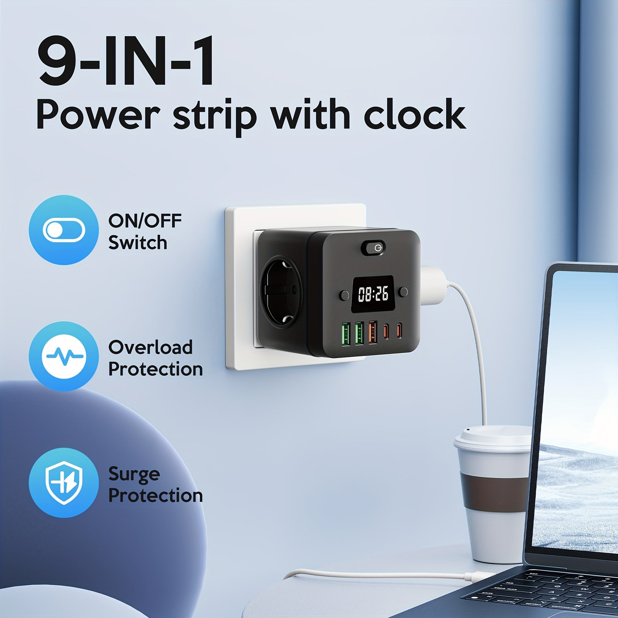 9-in-1 Power Strip with Clock 3 EU Outlets 3 USB-A Ports 2 USB-C Ports Overload Protection Wall Mountable