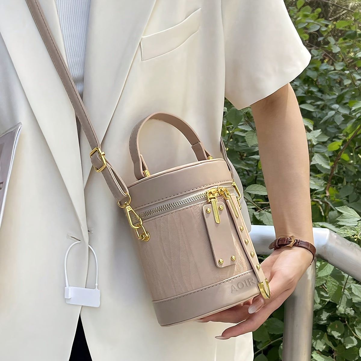 Striped PU Crossbody Bag for Women with Adjustable Strap and Zipper Closure