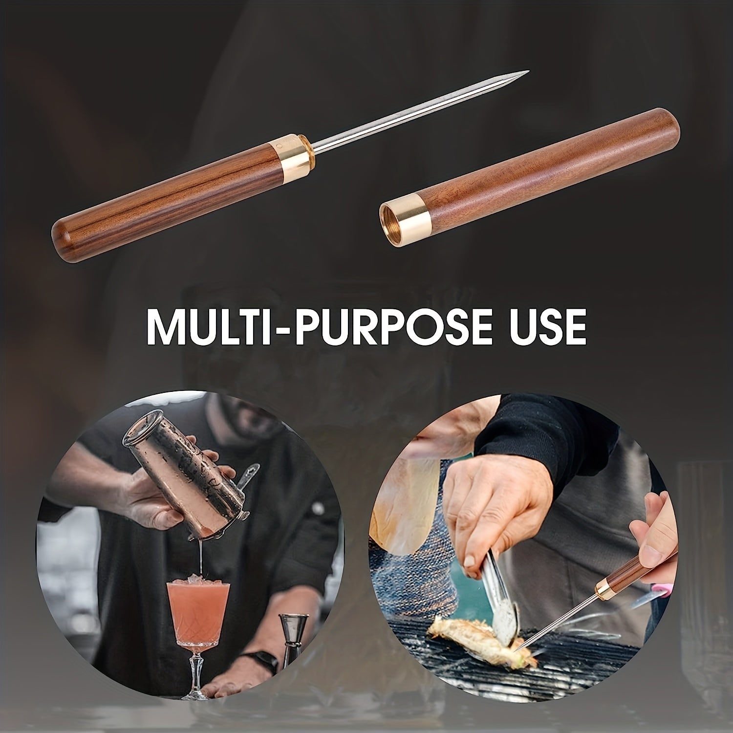 Portable Stainless Steel Ice Pick with Wooden Handle for Kitchen Bar Picnic