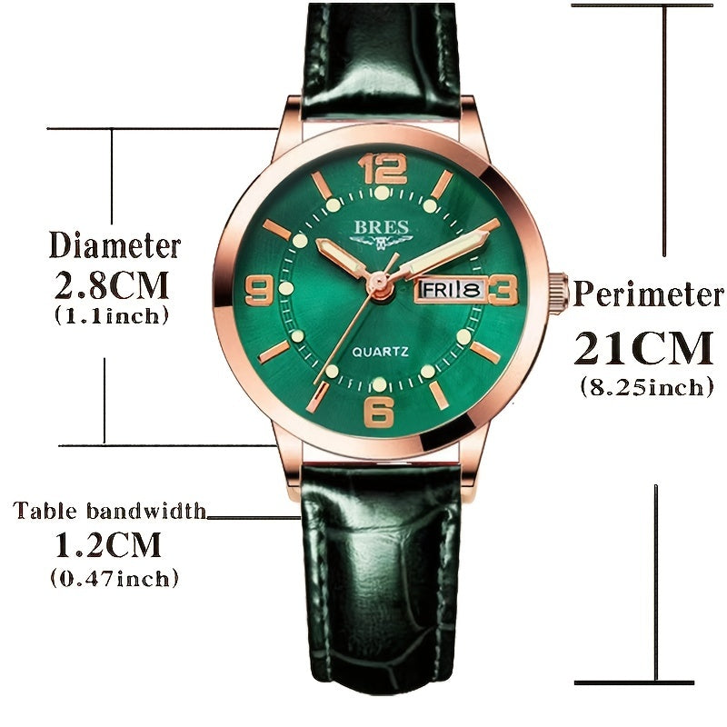Women's Quartz Watch Leather Strap Dual Calendar Luminous Week Function