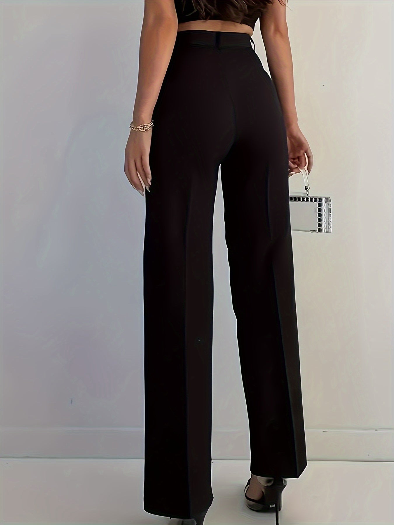 Women's Black High-Waisted Straight Leg Pants Polyester Elegant Suitable for Work and Social Events
