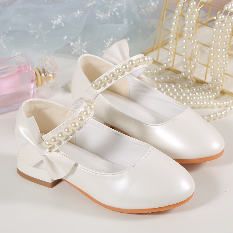 Girls' White Synthetic Pearl Embellished Dress Shoes with Bowknot and Chunky Heel