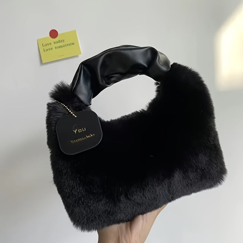 Faux Fur Crossbody Bag for Women Plush Zipper Closure Solid Color Autumn Winter