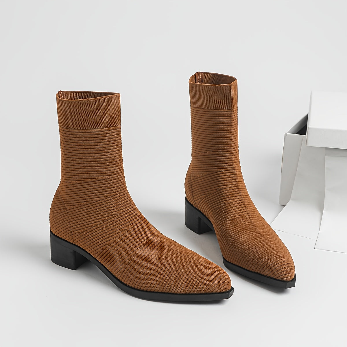 Women's Breathable Knit Ankle Boots Slip-On Chunky Heel Gray Short Boots