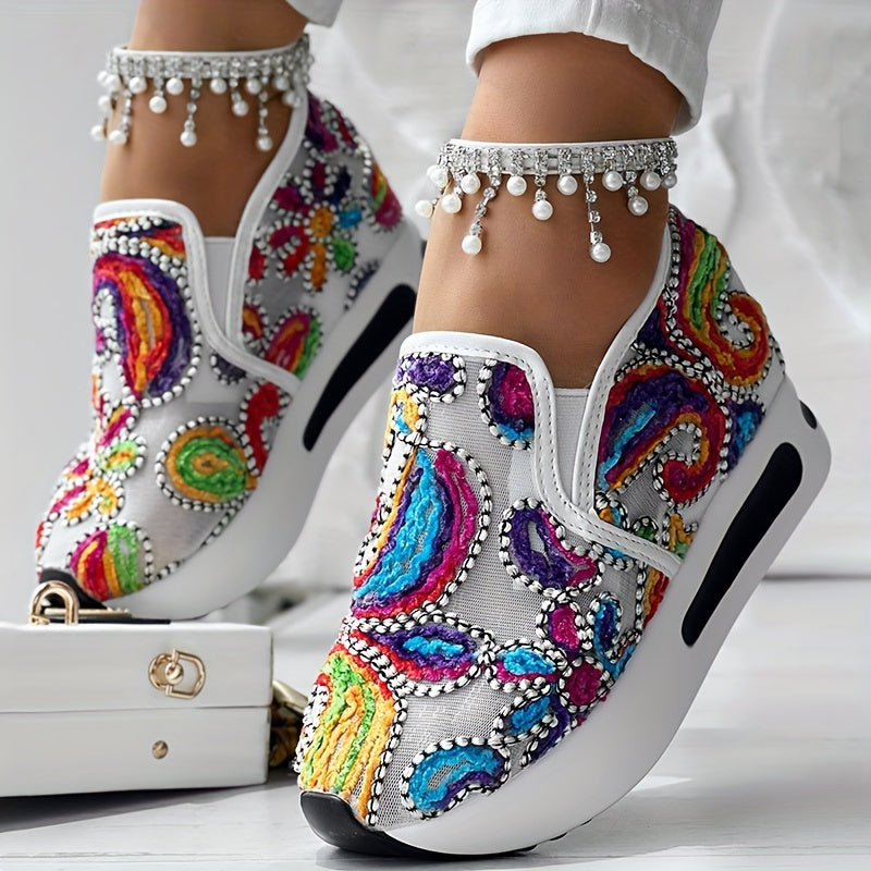 Women’s Colorful Embroidered Floral Slip-On Sneakers Breathable Fabric