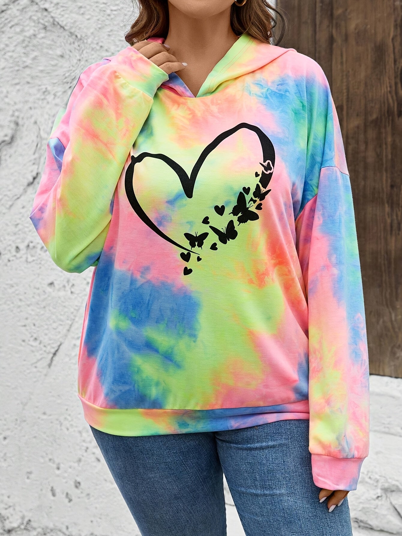 Plus Size Women's Hoodie Long Sleeve Heart Print Polyester Blend Fall Winter