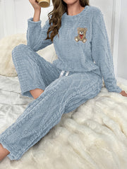 Plus Size Women’s Fleece Pajama Set with Bear Embroidery and Pattern
