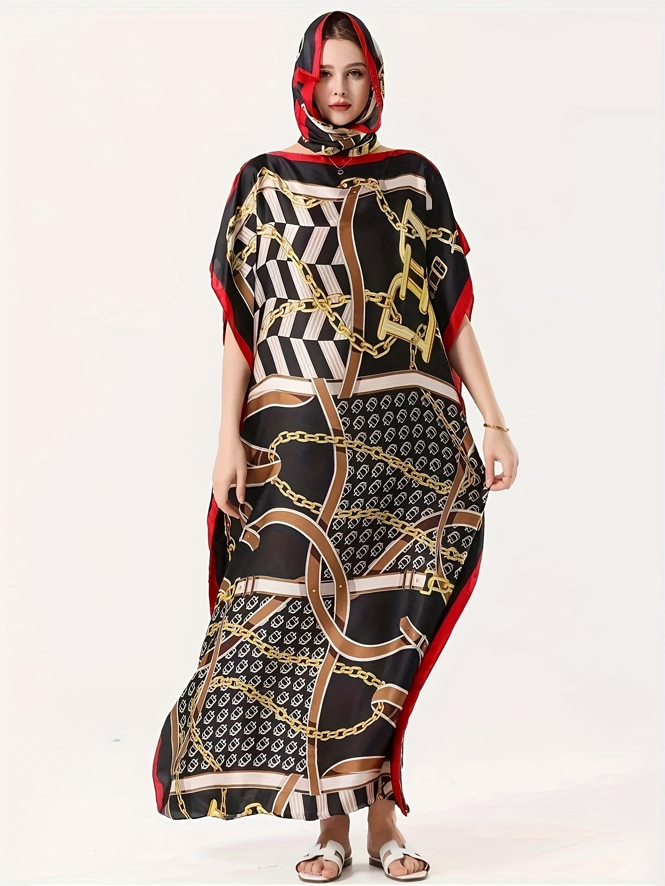 Women's Plus Size Geometric Chain Print Dress with Bat Sleeves and Scarf