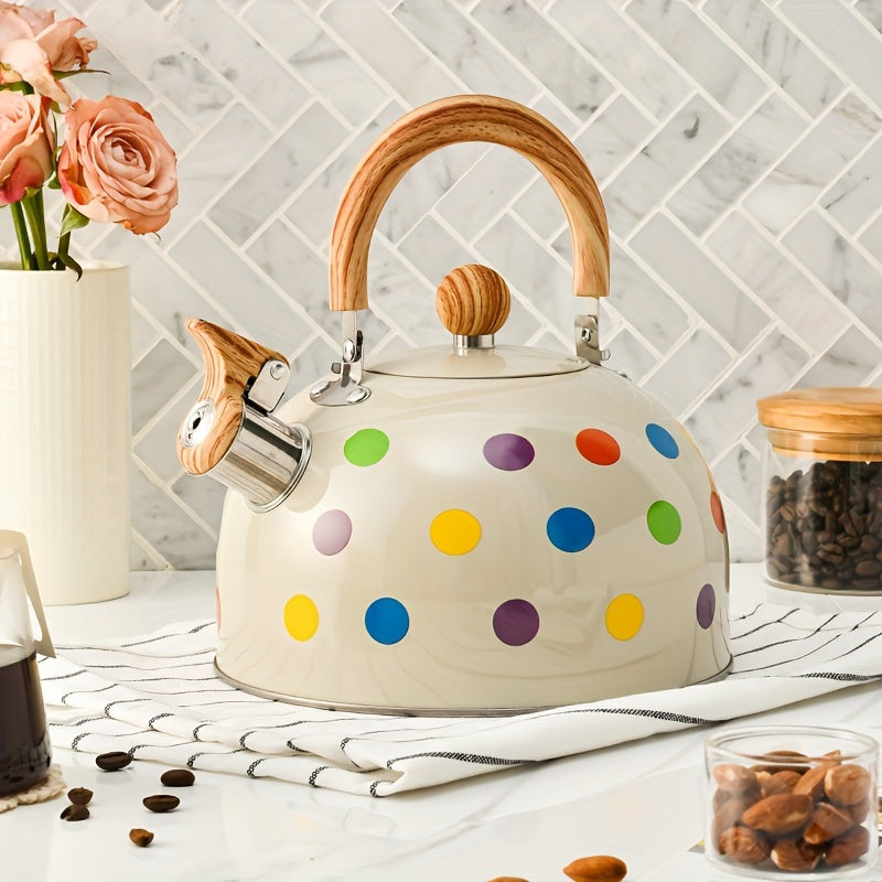 Stainless Steel 3L Whistle Kettle Beige Polka Dot Tea Coffee Maker