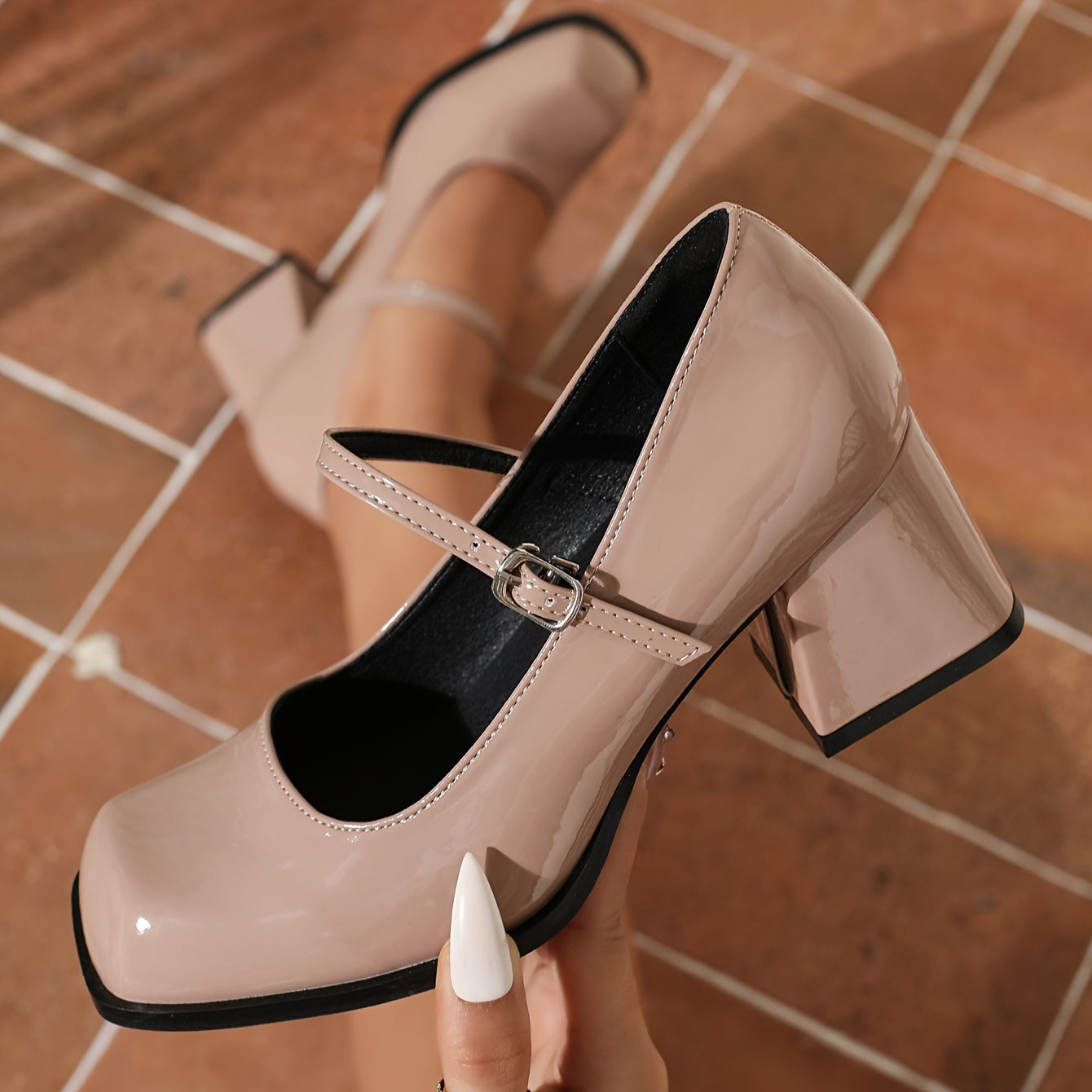 Women's High Heel Mary Jane Pumps with Block Heel PVC Upper Glitter