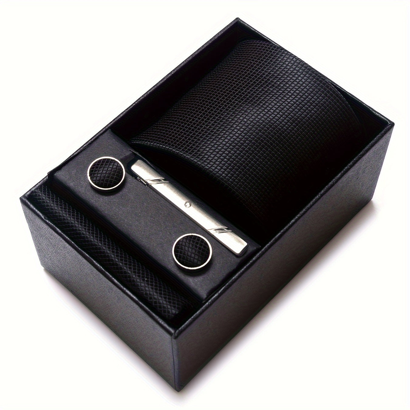 Men's Solid Color Tie Set with Square Cufflinks Gift Box for Wedding Business and Holiday