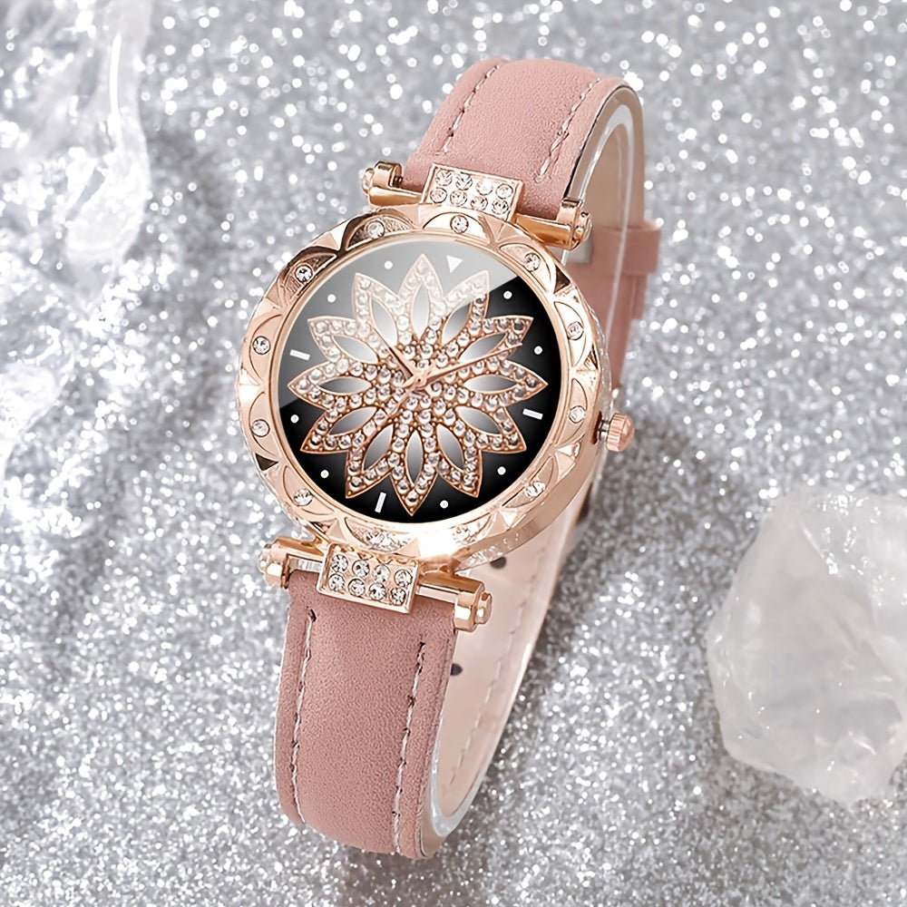 Women's Quartz Watch Set with Rhinestone Heart Dial and PU Leather Strap 3-Piece