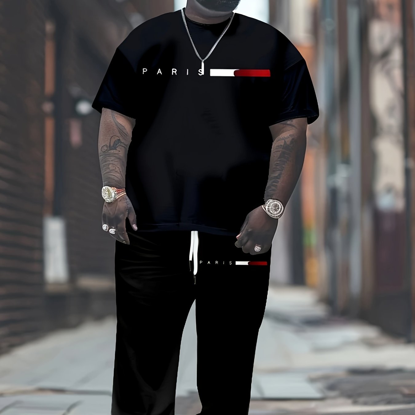 Plus Size Men's Athletic Set Includes Paris Graphic T-Shirt and Joggers Casual Sportswear