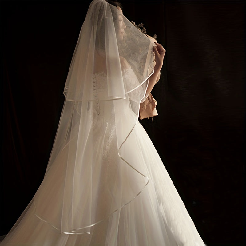 Bridal Veil with Double Layer Satin Edging and Metal Hair Comb Wedding Accessory