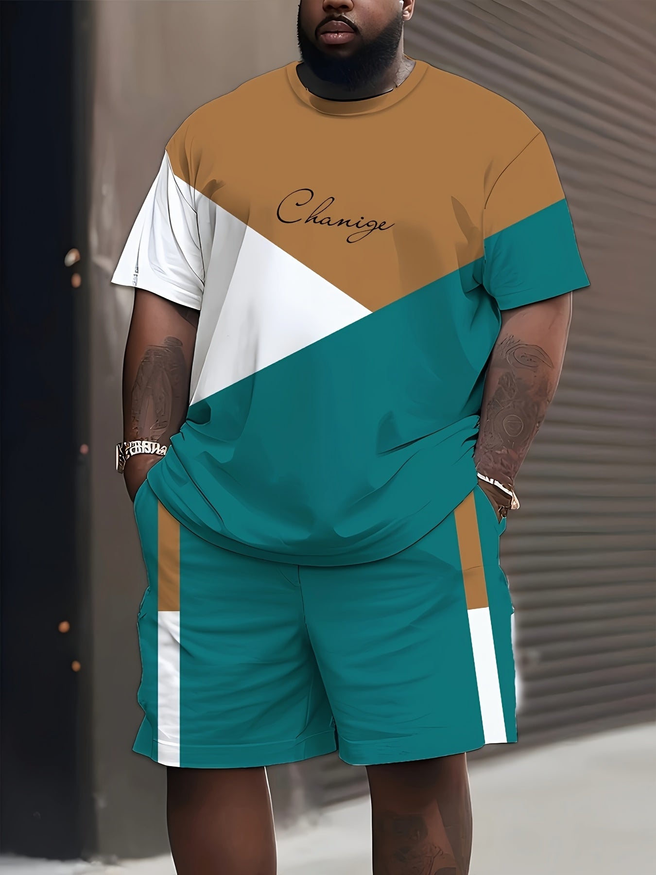 Мужской повседневный спортивный комплект большого размера с цветными блоками, футболка с круглым вырезом и шорты на шнурке