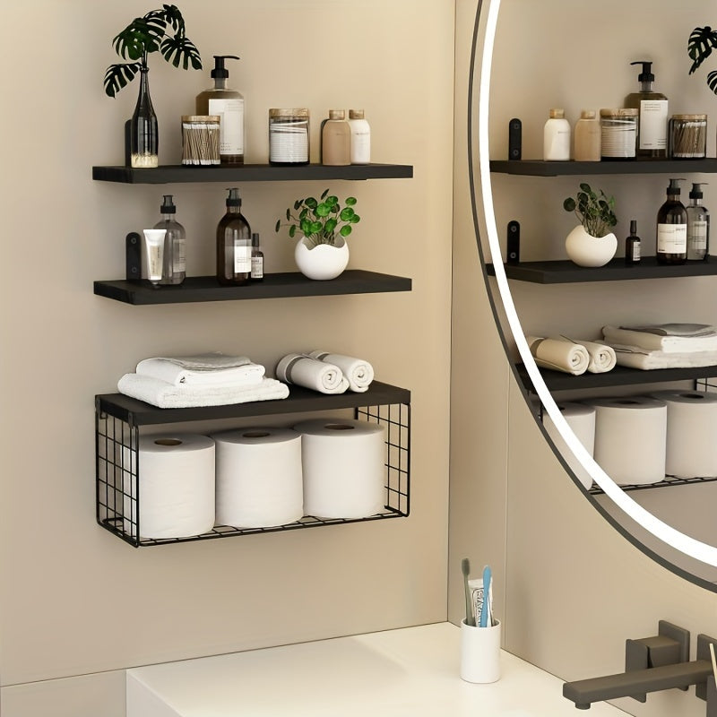 Wooden Bathroom Storage Rack with Paper Towel and Toilet Paper Baskets