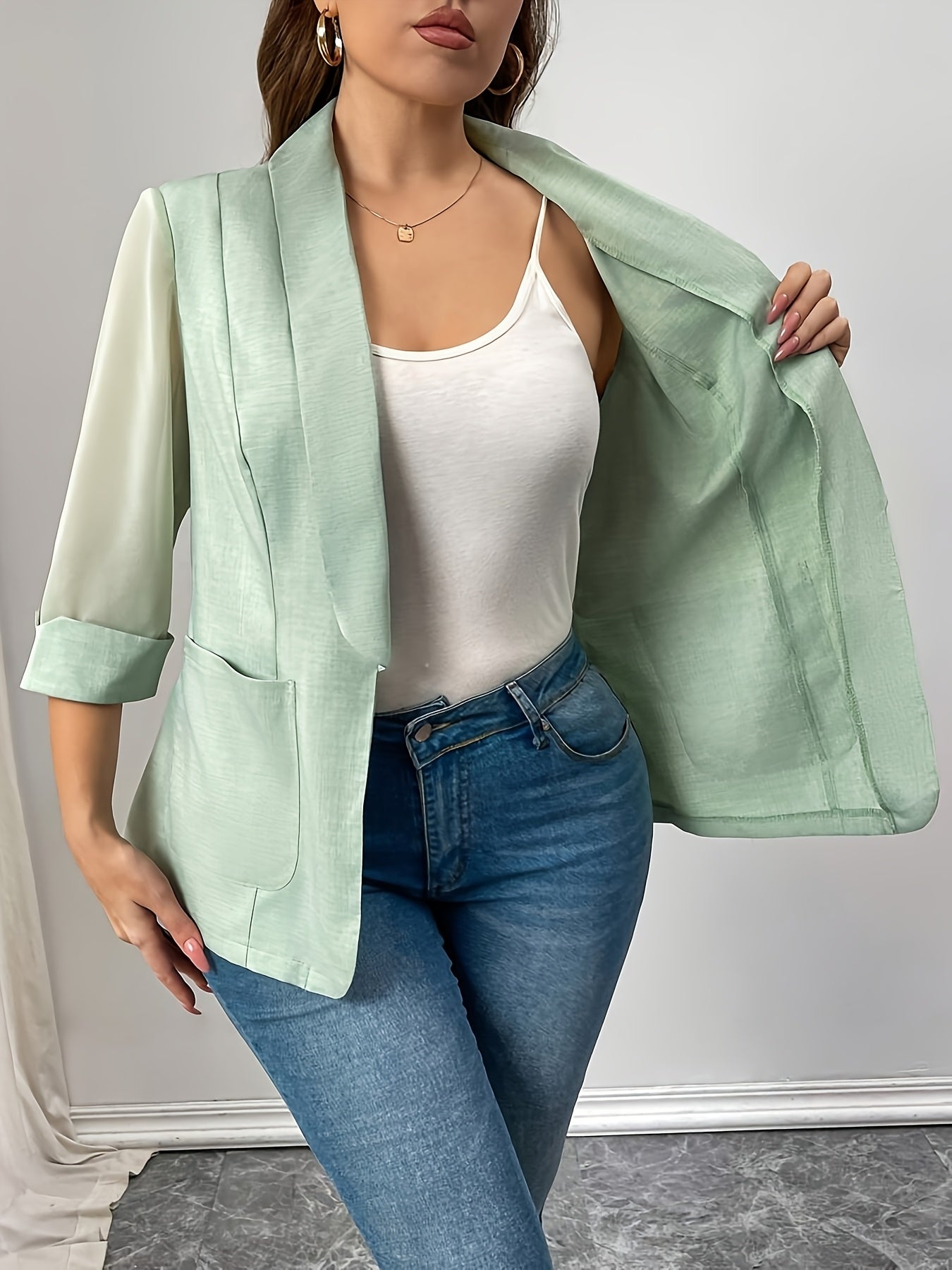 Women's Plus Size Green Chiffon Blazer with Lapel Collar and Pockets