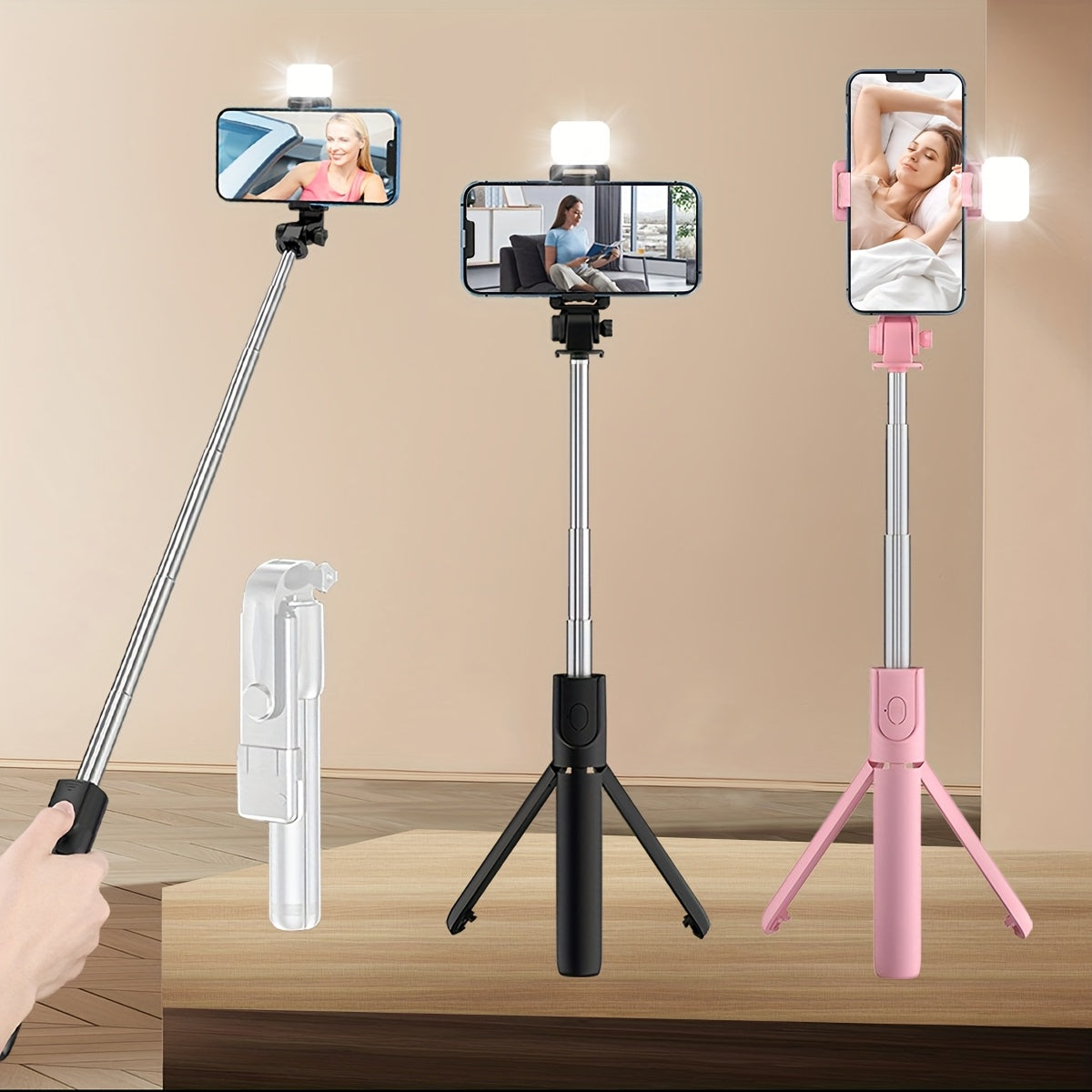 Telescopic Selfie Stick Tripod with 360 Degree Rotation Fill Light and Multi-Functional Support Stand