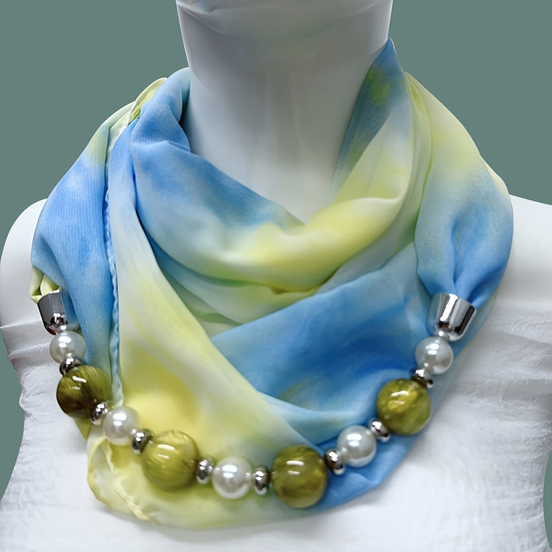 Beaded Necklace Scarf Women’s Chiffon Imitation Ceramic Beads Infinity Accessory