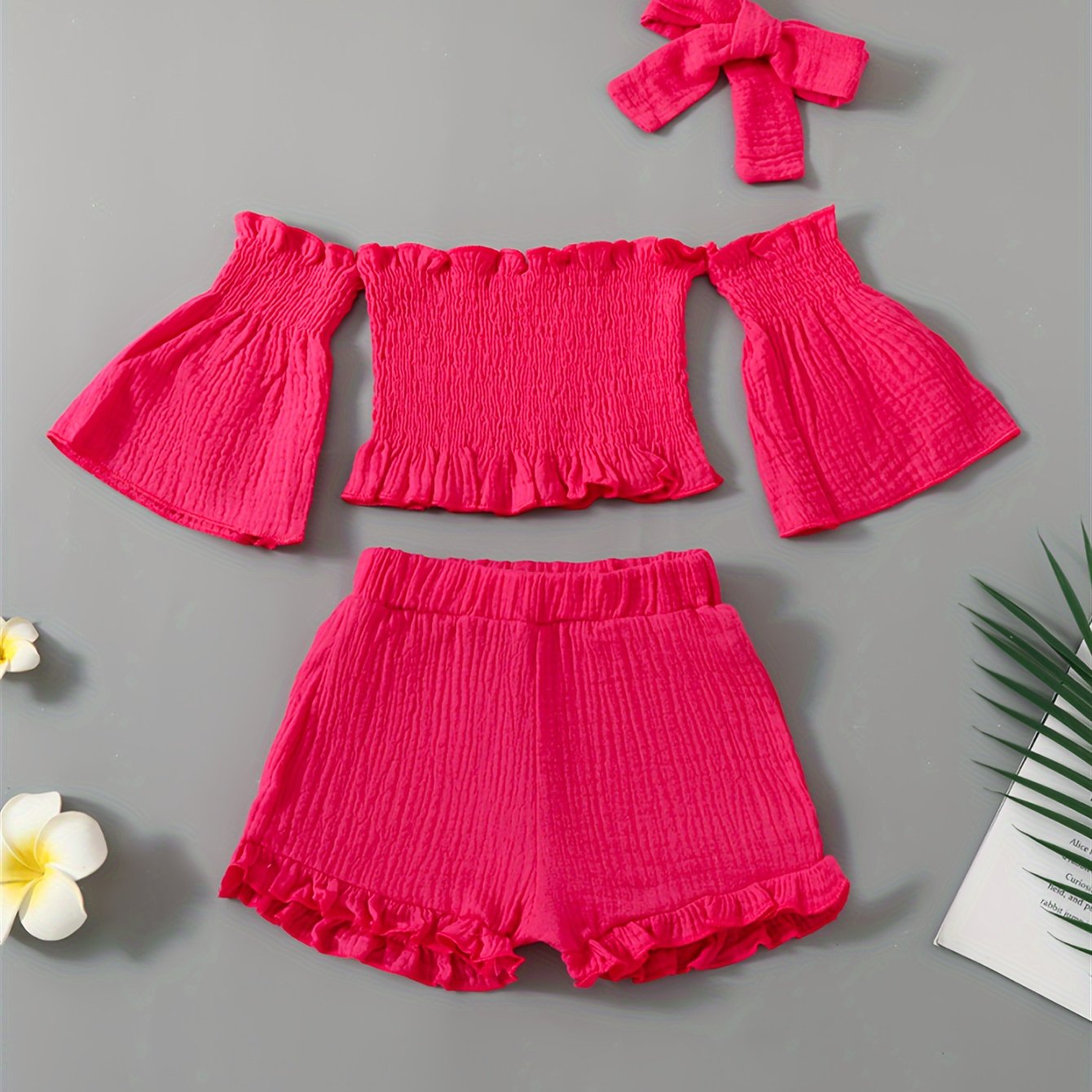 Girls Summer Outfit Set Off-Shoulder Top Denim Shorts Headband Cotton Casual Age 12 and Under