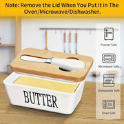 Ceramic Butter Dish Set with Bamboo Lid and Knife, Airtight Countertop Storage