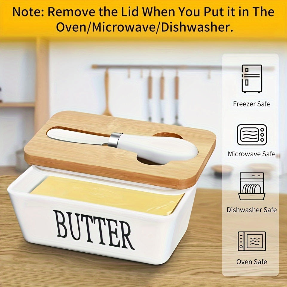 Ceramic Butter Dish Set with Bamboo Lid and Knife, Airtight Countertop Storage