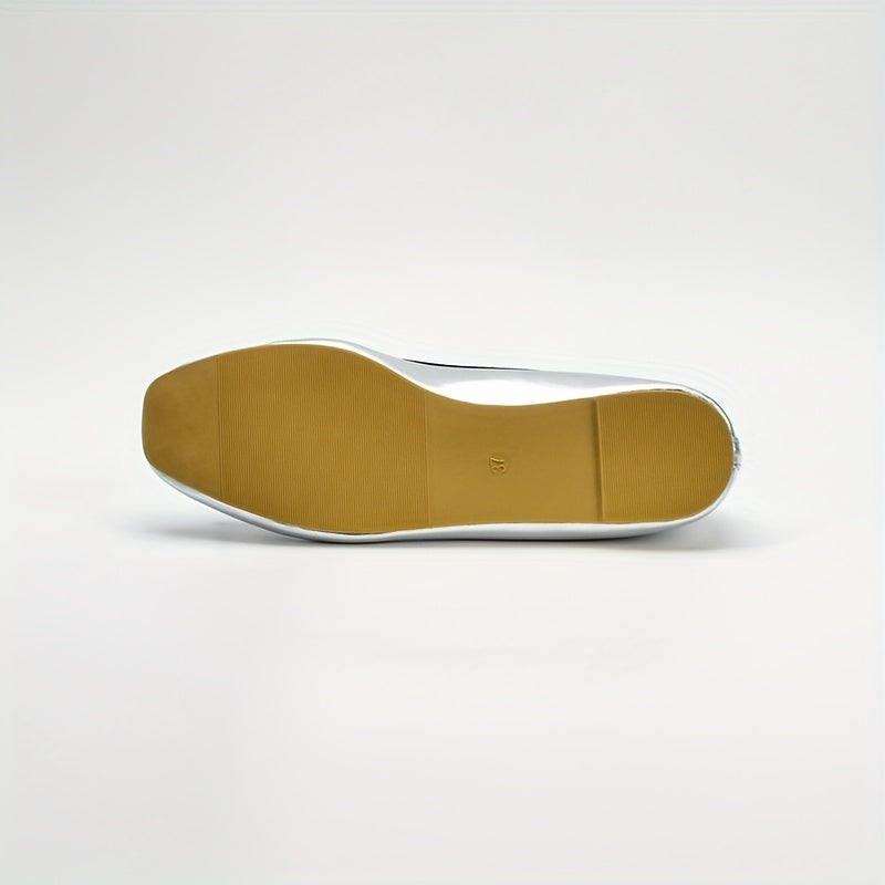 Ayollar uchun Slip-On balet tuflisi, bog‘ichli, yumshoq taglik, PU qoplamali, dumaloq burchakli toe