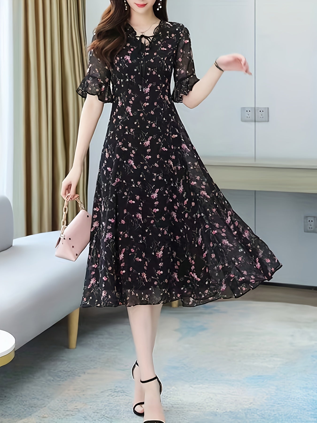 Women's Floral Print Tie Neck A-Line Dress Short Sleeve Spring Summer