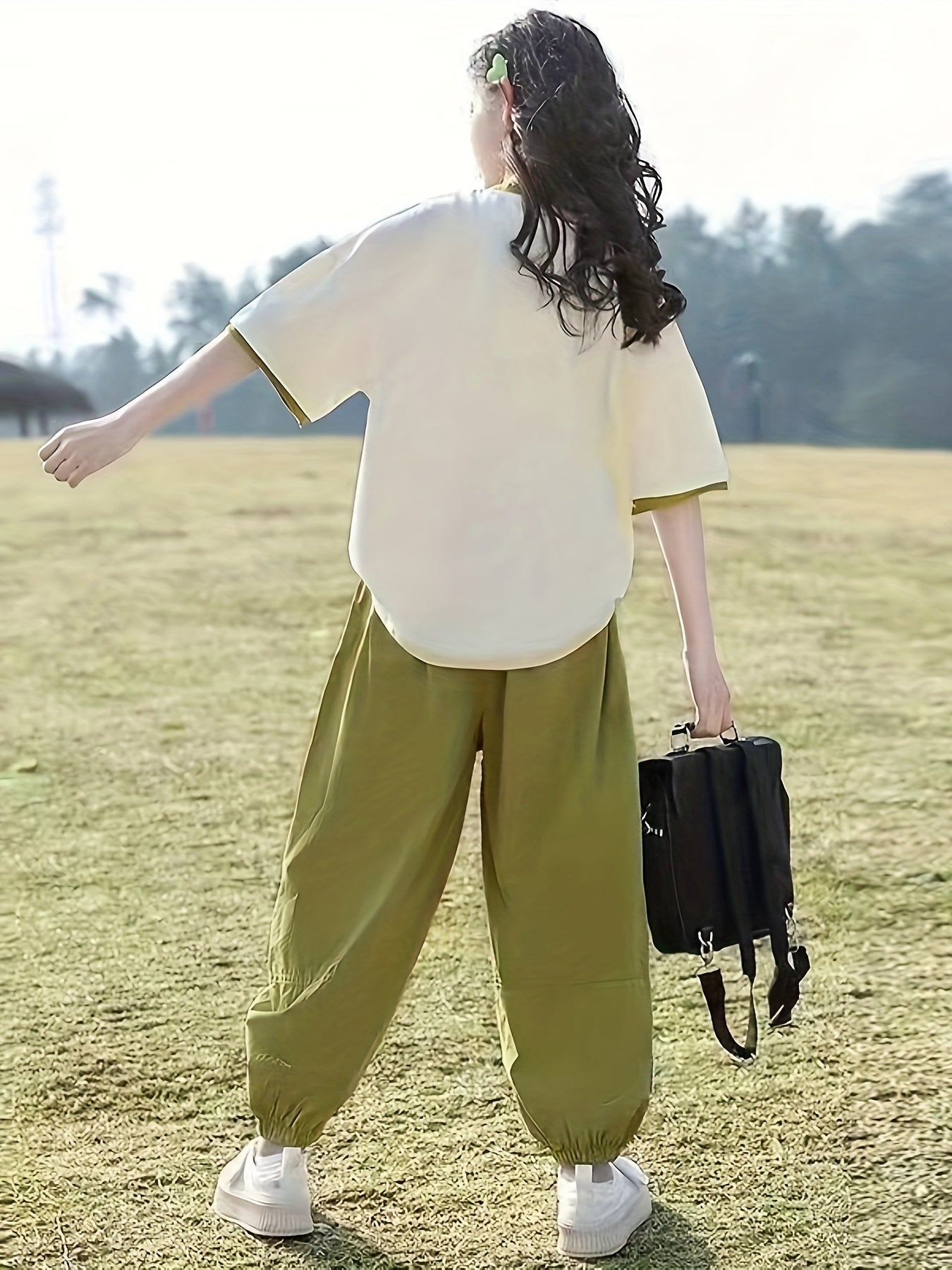 Girls Summer Short Sleeve Two-Piece Set Cotton Polyester Casual for Kids Medium Large