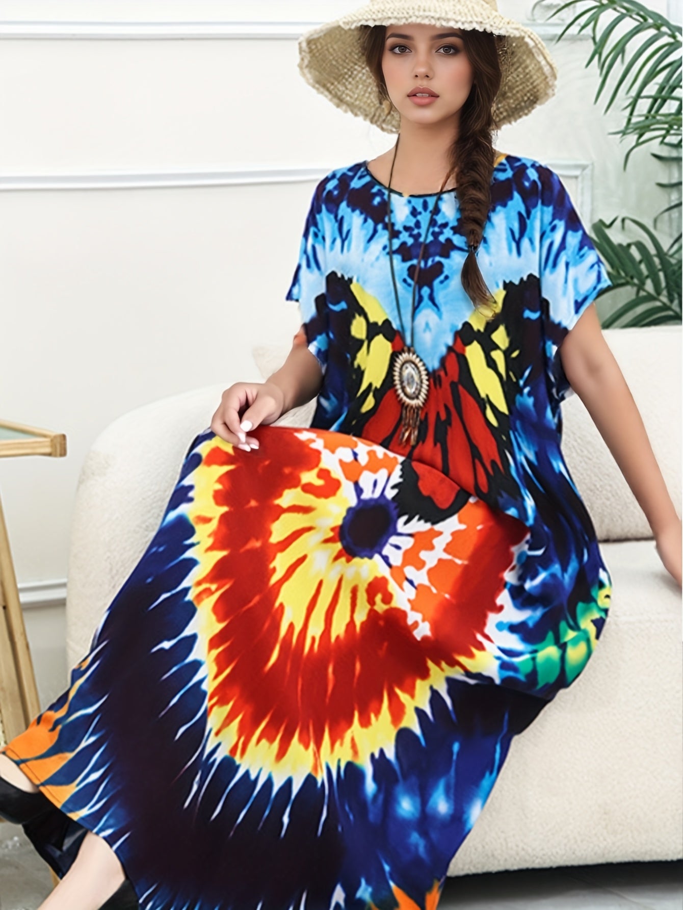 Plus Size Women's Beach Cover-Up Dress Swimwear Wrap Robe Blue Lightweight