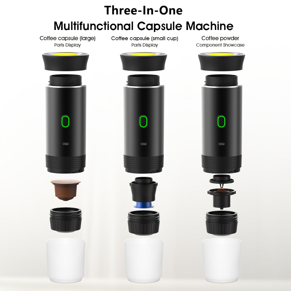 Sayohat, lagerda va avtomobilda foydalanish uchun ixcham elektr espresso mashinasi, Type-C bilan o'z-o'zidan isitiladi, RV, piyoda sayohat va ofisda foydalanish uchun yerda qahva va kapsulalar bilan mos keladi. Issiq va sovuq qahva tayyorlash mumkin.