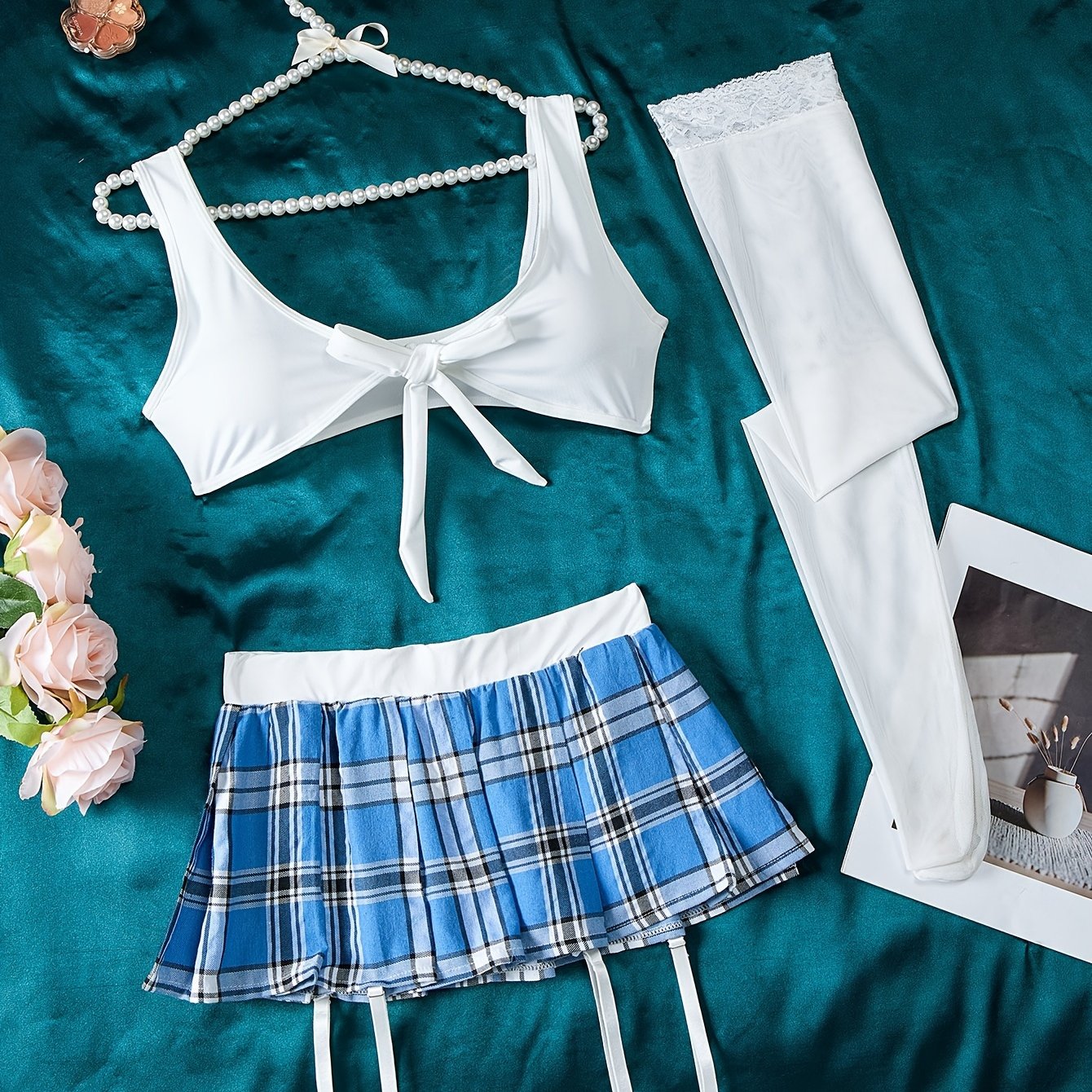 Women's Naughty Preppy Music Festival Costume Bow Top Plaid Garter Belt Lingerie