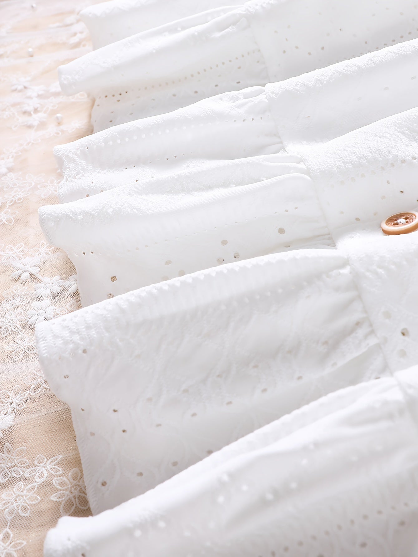 Girls Summer Dress with Eyelet Jacquard Puff Sleeves Ruffle Hem White Knit Fabric