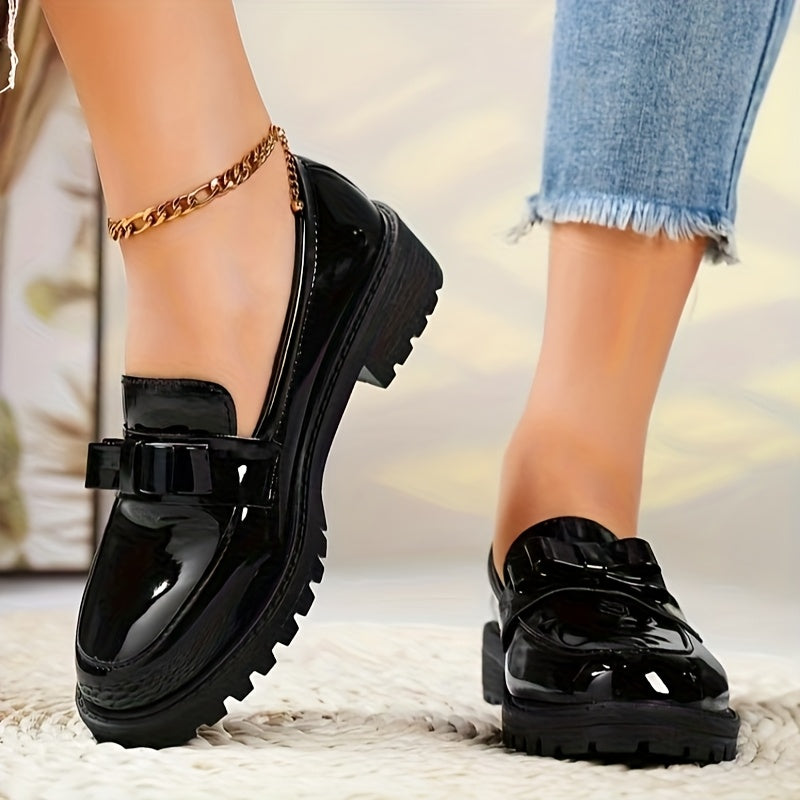 Women's Synthetic Glossy Bow Mid-Heel Retro Loafers Casual Slip-On Shoes